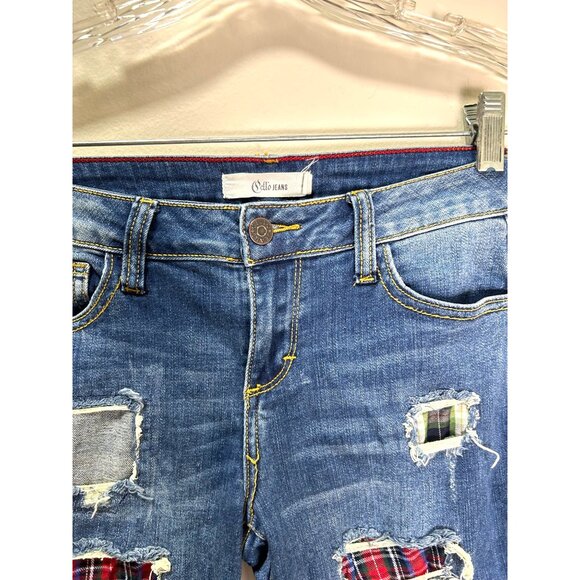 Distressed Plaid Patch Skinny Jeans By Cello Denim Trendsetter Street Style - Picture 6 of 10